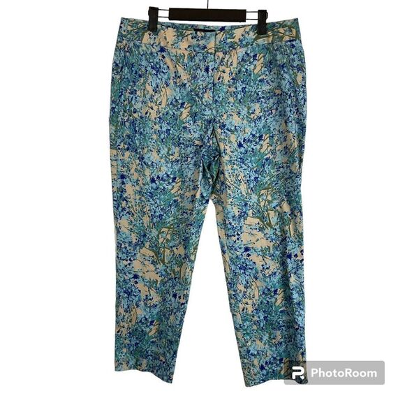 Talbots Signature 12 Blue Watercolor Floral Pant Mid Rise Ankle Career Casual U3 - Picture 1 of 12